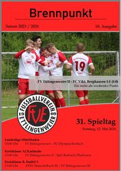Ein farbenfrohes Programmheft mit Spielern des FV Ettlingenweier, die ein Tor feiern, mit Angaben zum Spiel und Datum.