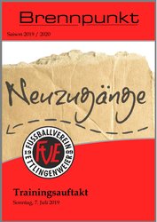 Titelseite des „Brennpunkt“-Magazins für die Saison 2019/2020 mit „Neuzugängen“ und Hinweisen auf eine Trainingsauftaktveranstaltung.