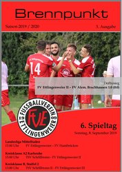 Das Titelbild eines Fußballmagazins mit jubelnden Spielern, betitelt „Brennpunkt“, mit Angaben zum Spiel FV Ettlingenweier II gegen PV Alsen.