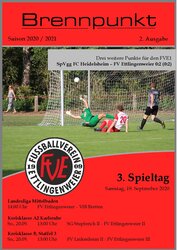 Titelseite eines Fußballprogramms mit dem Titel „Brennpunkt“, das ein Spiel zwischen dem FC Heidingsfeld und dem PV Ettlingenweier zeigt.