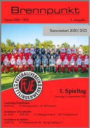 Die Titelseite eines Sportmagazins zeigt Fußballmannschaften in roten und grauen Trikots, mit Angaben zum Saisonstart und zum Spielplan.
