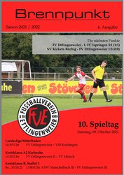 Titelseite des Magazins „Brennpunkt“ mit Fußballgrafiken, Spielplänen und Spielern in Aktion.