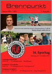 Titelseite eines Sportmagazins mit fußballbezogenen Bildern und Texten über Interviews und anstehende Spiele des FV Ettlingenweier.