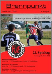 Ein Sportprogramm mit einem Fußballspiel zwischen den Mannschaften der SpG Buthwald/Pfahlborn und des FV Ettlingenweier II auf einem leuchtend roten Hintergrund.