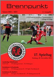 Titelseite eines Sportmagazins mit Fußballspielern in Aktion, die für den 17. Spieltag des FV Ettlingenweier werben.