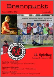 Titelseite des Magazins „Brennpunkt“ mit Fußball-Highlights, Spielerinterviews und Spielplänen des FC Fettenlingen.