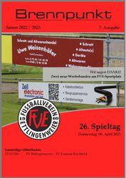Titelseite des Sportmagazins „Brennpunkt“ mit Anzeigen und Details zum 26. Spieltag des FV Ettlingenweier, April 2023.