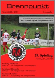 Titelblatt des Magazins „Brennpunkt“ mit Details zu den Fußballspielen des FV Ettlingenweier, den Mannschaften und dem Spielplan für April 2023.