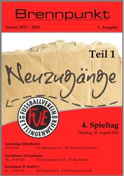 Titelseite des Magazins „Brennpunkt“ mit dem Titel „Neuzugänge“ und der Auflistung der Mannschaften und Spiele für den 4. Spieltag, datiert vom 29. August 2023.