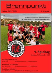 Titelblatt des „Brennpunkt“ mit der feiernden Mannschaft des FV Ettlingenweier, mit Spieldetails und einem fetten Logo, datiert 10. September 2023.