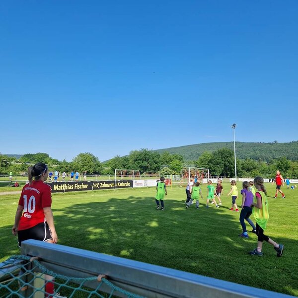 Eine Gruppe von Kindern spielt Fußball auf einem grünen Feld, voller Freude und Energie.