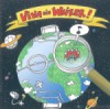 Bunte Cartoon-Illustration mit der Erde unter einem Vergrößerungsglas, umgeben von Planeten und Sternen, beschriftet mit „Vista nos Mistérios!“