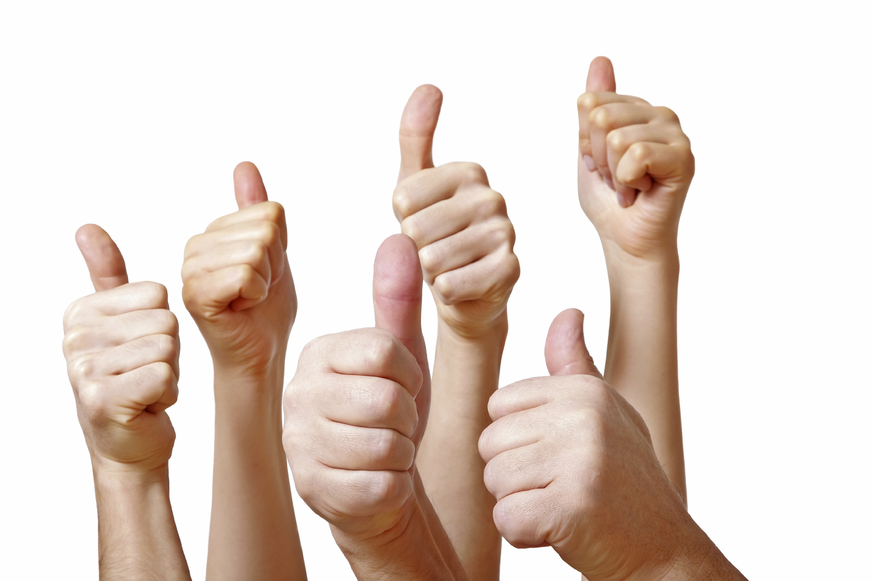 Viele Hände zeigen Daumen hoch vor einem weißen Hintergrund, symbolisieren Zustimmung und positive Energie